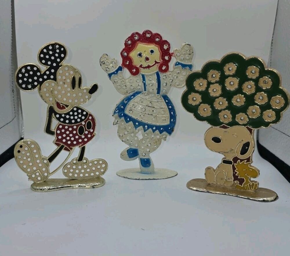 Vintage 3 Pc Disney Mickey Raggedy Ann Snoopy Metal Earring Holder Lot Revere